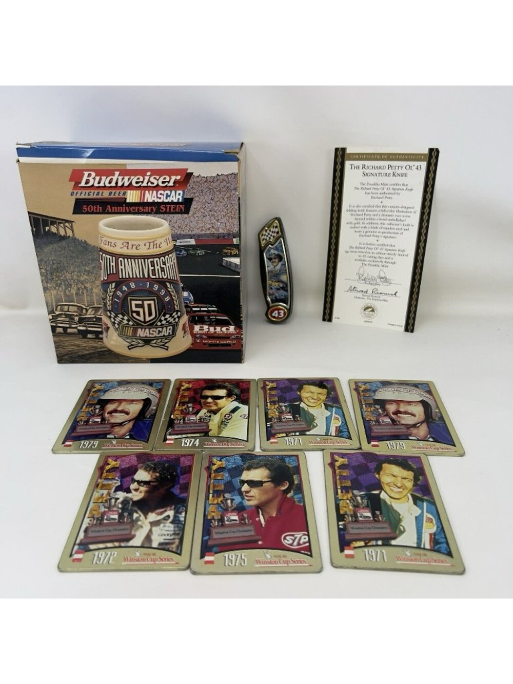 Nascar Richard Petty Fan Lot 7 Metal Cards Knife and Stein